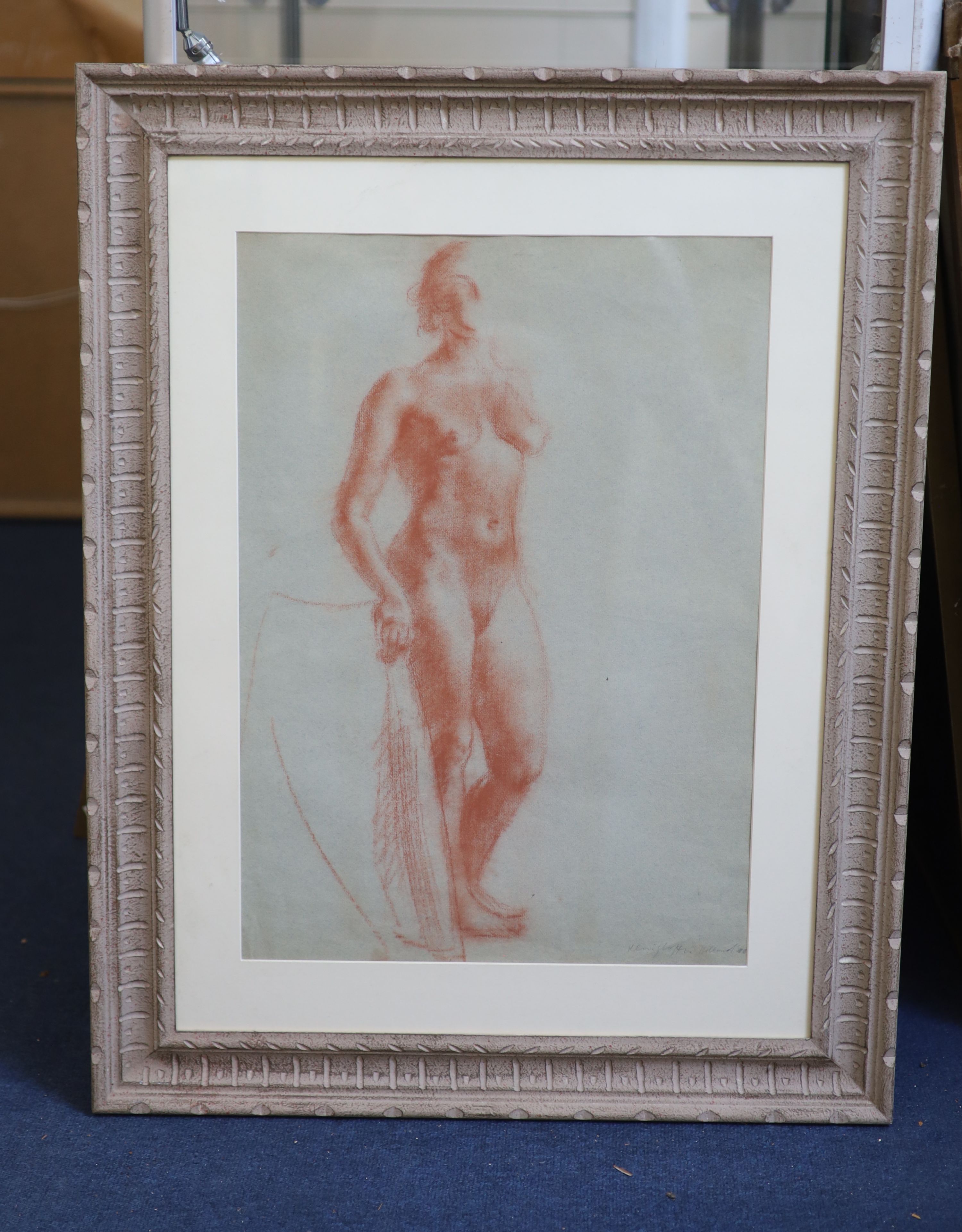 Clara Klinghoffer (1900-1972), sepia chalk on grey paper, Standing female nude, signed and dated '35, 58 x 40cm